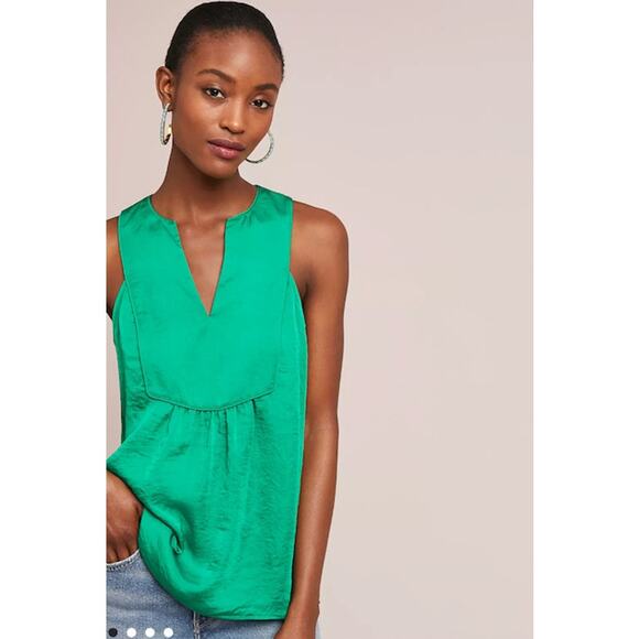 Anthropologie Tops - Anthropologie Emerald Green Sleeveless Notch-Neck Blouse